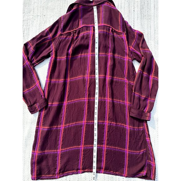 Old Navy Womens Medium Burgundy Dress Plaid Long Sleeve Tunic  Buttons Gold - Picture 8 of 10